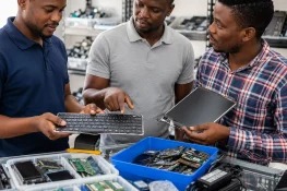 technicians collborating and finding recovered parts and components for repair